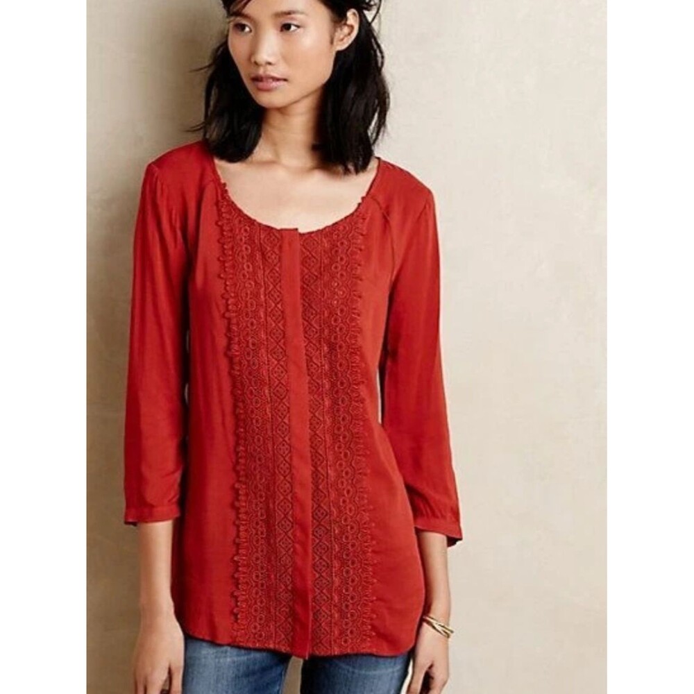 Anthropologie Maeve Rust Red Boho Festival Lace Crescent Street Blouse Tunic 6